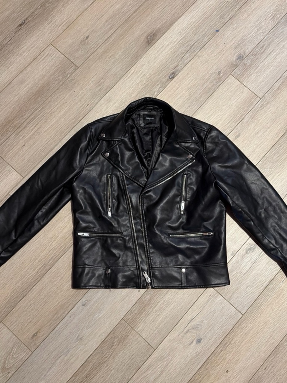 Forever 21 Black Faux Leather Moto Bomber Jacket